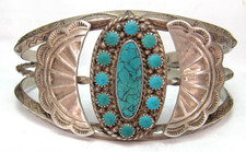 NAVAJO FRED HARVEY ERA STAMPED STERLING SILVER TURQUOISE CLUSTER CUFF BRACELET