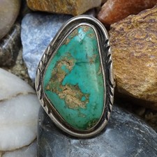 Old Navajo Fred Harvey Era Natural Turquoise Ring Sz 9.25 Hallmarked R Sterling - Additional view 1