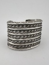 BIG Vtg Fred Harvey Navajo Sterling Stamped Carinated 6 Row Cuff Bracelet 85.8g - Additional view 1
