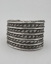 BIG Vtg Fred Harvey Navajo Sterling Stamped Carinated 6 Row Cuff Bracelet 85.8g - Additional view 2