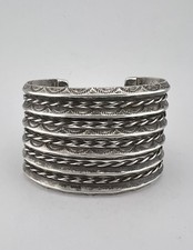 BIG Vtg Fred Harvey Navajo Sterling Stamped Carinated 6 Row Cuff Bracelet 85.8g