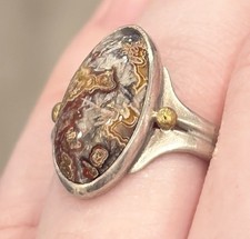 Vintage Navajo Jasper Atlas Ring, Sterling Silver 14K Fred Harvey Era Size 7.25
