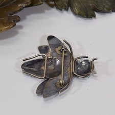 Gr 192 Navajo Old Pawn Sterling Silver and Turquoise Stamped Horsefly Brooch - Additional view 1