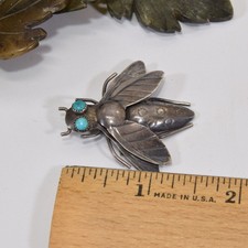 Gr 192 Navajo Old Pawn Sterling Silver and Turquoise Stamped Horsefly Brooch - Additional view 2