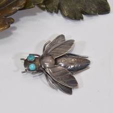 Gr 192 Navajo Old Pawn Sterling Silver and Turquoise Stamped Horsefly Brooch