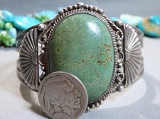 60g Fred Harvey Era NAVAJO Natural CERRILLOS TURQUOISE Coin Silver Cuff Bracelet - Additional view 3