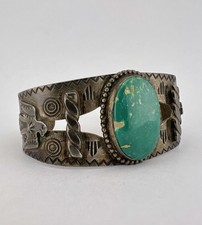 Vtg Fred Harvey Navajo Sterling Cerrillos Turquoise Thunderbird Cuff Bracelet - Additional view 1