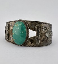 Vtg Fred Harvey Navajo Sterling Cerrillos Turquoise Thunderbird Cuff Bracelet - Additional view 2