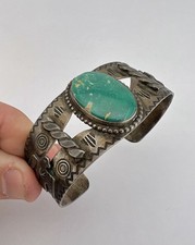 Vtg Fred Harvey Navajo Sterling Cerrillos Turquoise Thunderbird Cuff Bracelet - Additional view 9
