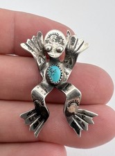 Vintage Fred Harvey Era Navajo Sterling Silver Turquoise Stamped Frog Pin Brooch