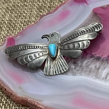 Early Native American Sterling Fred Harvey Turquoise Thunderbird Pin Brooch 2” - Additional view 1