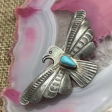Early Native American Sterling Fred Harvey Turquoise Thunderbird Pin Brooch 2” - Additional view 2