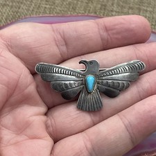 Early Native American Sterling Fred Harvey Turquoise Thunderbird Pin Brooch 2” - Additional view 7
