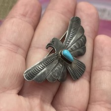 Early Native American Sterling Fred Harvey Turquoise Thunderbird Pin Brooch 2” - Additional view 8