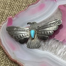 Early Native American Sterling Fred Harvey Turquoise Thunderbird Pin Brooch 2”
