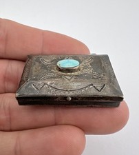 EARLY FRED HARVEY ERA NAVAJO TURQUOISE STERLING SILVER STAMPED PILL BOX - Additional view 1