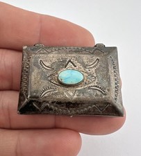 EARLY FRED HARVEY ERA NAVAJO TURQUOISE STERLING SILVER STAMPED PILL BOX