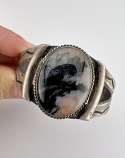 Vtg Fred Harvey Era Navajo Sterling Silver Petrified Wood Stamped Cuff Bracelet - Additional view 6