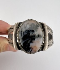Vtg Fred Harvey Era Navajo Sterling Silver Petrified Wood Stamped Cuff Bracelet - Additional view 7
