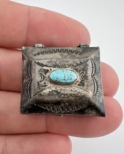 #1 EARLY FRED HARVEY ERA NAVAJO TURQUOISE STERLING SILVER STAMPED PILL BOX