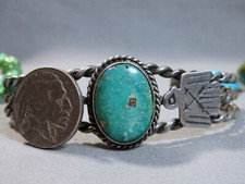 ANTIQUE Harvey Era NAVAJO Hachita TURQUOISE Coin Silver THUNDERBIRD 32g Bracelet - Additional view 3