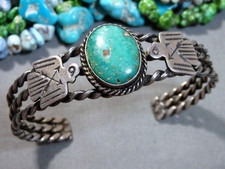 ANTIQUE Harvey Era NAVAJO Hachita TURQUOISE Coin Silver THUNDERBIRD 32g Bracelet