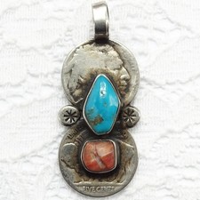 Signed BJR Fred Harvey Era Navajo Pendant Buffalo Nickels Turquoise Spiny Oyster - Additional view 2
