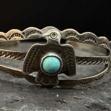 Vintage Sterling Silver Fred Harvey 2” Turquoise Thunderbird Cuff Bracelet - Additional view 1