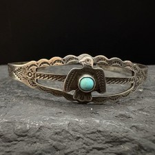 Vintage Sterling Silver Fred Harvey 2” Turquoise Thunderbird Cuff Bracelet