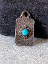 Navajo Sterling Turquoise Thunderbird Pendant Tag Fred Harvey Period - Additional view 1