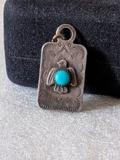 Navajo Sterling Turquoise Thunderbird Pendant Tag Fred Harvey Period - Additional view 3