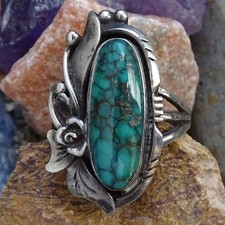 Old Navajo Fred Harvey Era Oval Turquoise Ring Size 8 Handmade Sterling Silver - Additional view 1