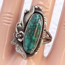 Old Navajo Fred Harvey Era Oval Turquoise Ring Size 8 Handmade Sterling Silver - Additional view 3