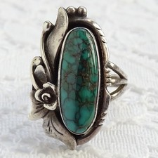 Old Navajo Fred Harvey Era Oval Turquoise Ring Size 8 Handmade Sterling Silver - Additional view 4