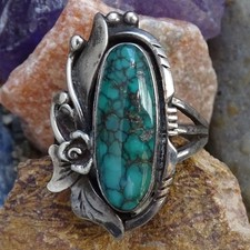 Old Navajo Fred Harvey Era Oval Turquoise Ring Size 8 Handmade Sterling Silver