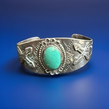Vtg Fred Harvey Sterling Silver Green Turquoise Cuff Bracelet CACTUS SNAKE HTF!!