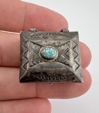 #2 EARLY FRED HARVEY ERA NAVAJO TURQUOISE STERLING SILVER STAMPED PILL BOX