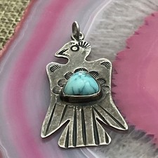 Early Native American Sterling Fred Harvey Turquoise Thunderbird Pendant 1.6” - Additional view 1