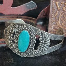 Vintage Size 7 Fred Harvey Era Sterling Turquoise Cuff Gorgeous Craftsmanship - Additional view 1