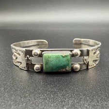 VTG FRED HARVEY ERA GREEN TURQUOISE THUNDERBIRD STERLING SILVER CUFF BRACELET - Additional view 1