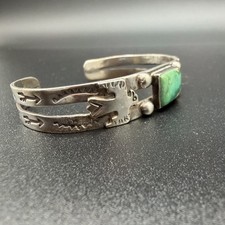 VTG FRED HARVEY ERA GREEN TURQUOISE THUNDERBIRD STERLING SILVER CUFF BRACELET - Additional view 2