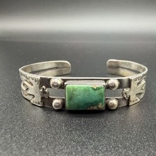 VTG FRED HARVEY ERA GREEN TURQUOISE THUNDERBIRD STERLING SILVER CUFF BRACELET
