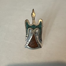 Navajo Sterling Silver Ring Fred Harvey Peyote Bird Chip Inlaid Turquoise 7 Vtg - Additional view 1