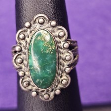 Vintage Fred Harvey Era Sterling Silver Green Turquoise Ring Size 5 Triple Shank - Additional view 3