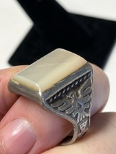 42 Large Sterling Mother Of Pearl Thunderbird Ring Size 11 1/2 Fred Harvey Style - Additional view 11