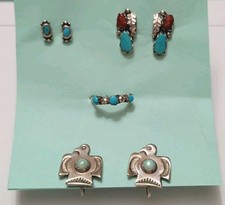 Lot 10 Pieces 1940s FRED HARVEY Turquoise & Silver Bracelets Earrings Ring WWII - Additional view 1