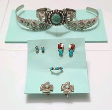 Lot 10 Pieces 1940s FRED HARVEY Turquoise & Silver Bracelets Earrings Ring WWII