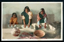 Early Woman Making Rain Gods Pueblo Tesuque NM Vintage Fred Harvey Postcard