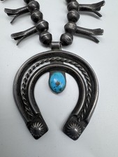 NATIVE AMERICAN NAVAJO TURQUOISE & STERLING VINTAGE SQUASH BLOSSOM FRED HARVEY - Additional view 1