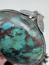 NATIVE AMERICAN NAVAJO VINTAGE CHRYSOCOLLA & STERLING FRED HARVEY STYLE CUFF 41G - Additional view 3